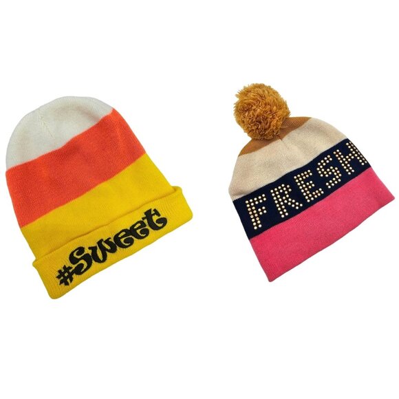 Beanie Hat Bundle SWEET FRESH Striped Knit Pom Funny Fun Winter Teen Girls Women - Picture 1 of 6